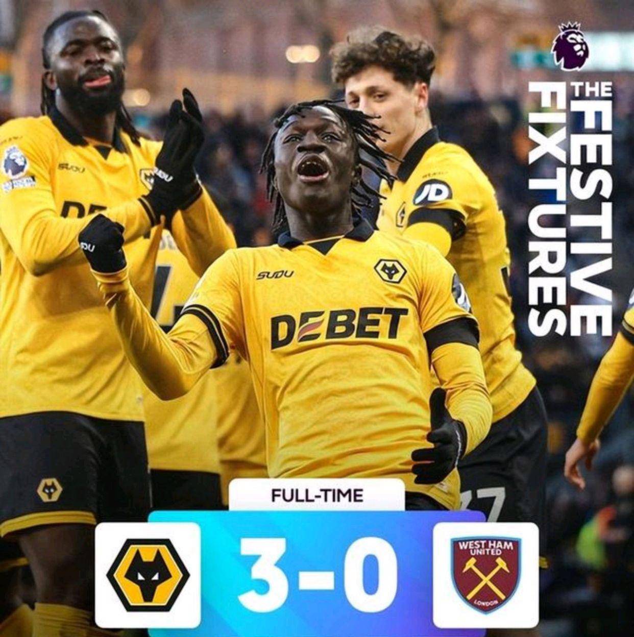 狼队三球痛击铁锤帮 喜获赛季英超首胜仍垫底